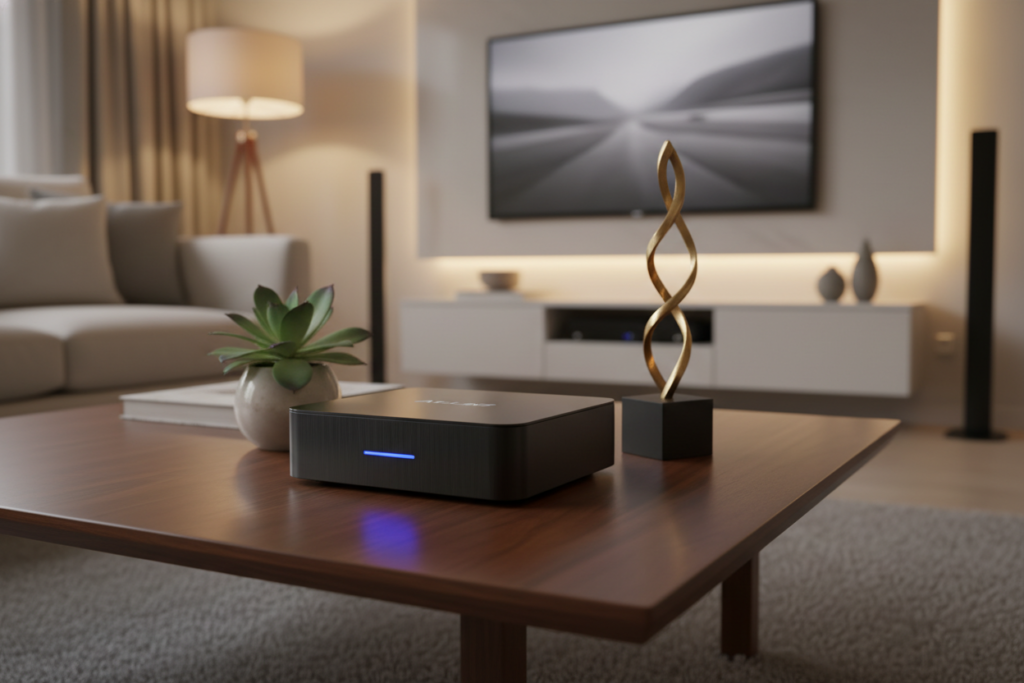 A close-up view of an Atlas Pro ONTV device, prominently displayed on a sleek, modern coffee table in a stylish living room. The table is adorned with a small potted plant and a contemporary decorative item, adding a touch of elegance. The background features a cozy atmosphere with warm lighting, highlighting a comfortable sofa and a well-designed entertainment unit with a TV. Soft shadows play across the scene, emphasizing the high-tech design of the Atlas Pro ONTV. The overall mood should evoke a sense of modern living and innovation, perfect for entertaining. The image is captured from a slightly elevated angle, ensuring the device remains the focal point without any text or overlays. A close-up view of an Atlas Pro ONTV device, prominently displayed on a sleek, modern coffee table in a stylish living room. The table is adorned with a small potted plant and a contemporary decorative item, adding a touch of elegance. The background features a cozy atmosphere with warm lighting, highlighting a comfortable sofa and a well-designed entertainment unit with a TV. Soft shadows play across the scene, emphasizing the high-tech design of the Atlas Pro ONTV. The overall mood should evoke a sense of modern living and innovation, perfect for entertaining. The image is captured from a slightly elevated angle, ensuring the device remains the focal point without any text or overlays.