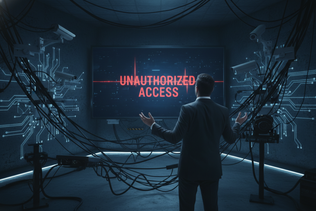 A dimly lit, high-tech control room with a large, flickering monitor displaying the words "Unauthorized Access." In the foreground, a professional-looking male figure in business attire stands facing the screen, hands raised in a gesture of confusion or concern. The middle layer features a tangle of wires and surveillance equipment, hinting at a complex system. The background is filled with abstract technological elements like glowing circuit patterns and darkened panels, creating an air of mystery. The overall mood should evoke tension and caution, with cool blue and grey tones dominating the scene, illuminated by the soft glow of the monitor and ambient lights, capturing the urgency and seriousness of security in a digital realm. A dimly lit, high-tech control room with a large, flickering monitor displaying the words "Unauthorized Access." In the foreground, a professional-looking male figure in business attire stands facing the screen, hands raised in a gesture of confusion or concern. The middle layer features a tangle of wires and surveillance equipment, hinting at a complex system. The background is filled with abstract technological elements like glowing circuit patterns and darkened panels, creating an air of mystery. The overall mood should evoke tension and caution, with cool blue and grey tones dominating the scene, illuminated by the soft glow of the monitor and ambient lights, capturing the urgency and seriousness of security in a digital realm.
