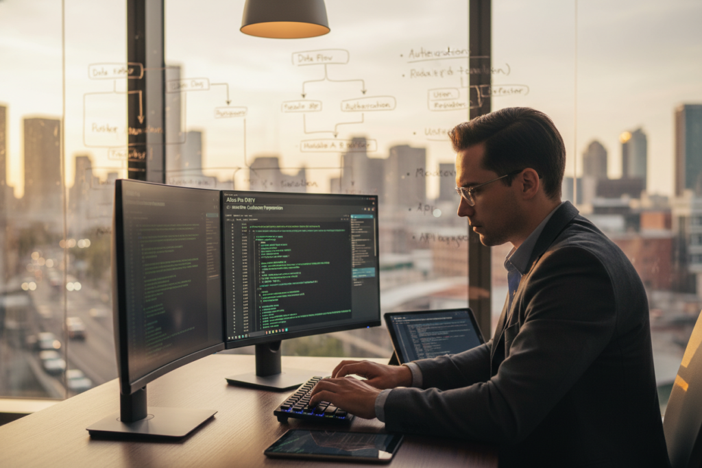 A modern office environment focusing on the preparation phase for the Atlas Pro ONTV code changes. In the foreground, a professional individual in business attire is intently working at a sleek desk filled with computer screens displaying lines of code and software interfaces. The middle ground features a whiteboard filled with diagrams, flowcharts, and notes related to code structure and functionality, illuminated by soft, overhead lighting. In the background, a large window allows natural light to pour in, providing a view of a bustling city skyline. The overall mood is one of focused concentration and innovation, emphasizing the importance of meticulous planning and technical expertise in coding. Use a shallow depth of field to highlight the individual and coding elements, with a warm color palette to create a productive atmosphere. A modern office environment focusing on the preparation phase for the Atlas Pro ONTV code changes. In the foreground, a professional individual in business attire is intently working at a sleek desk filled with computer screens displaying lines of code and software interfaces. The middle ground features a whiteboard filled with diagrams, flowcharts, and notes related to code structure and functionality, illuminated by soft, overhead lighting. In the background, a large window allows natural light to pour in, providing a view of a bustling city skyline. The overall mood is one of focused concentration and innovation, emphasizing the importance of meticulous planning and technical expertise in coding. Use a shallow depth of field to highlight the individual and coding elements, with a warm color palette to create a productive atmosphere.
