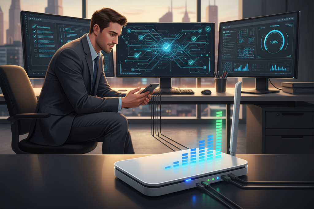 An illustration of a stable connection scene, embodying reliability and technology. In the foreground, a sleek, modern router with lights indicating excellent signal strength. In the middle ground, a person wearing professional business attire is intently examining various devices, ensuring everything is operational, depicting focus and diligence. The background features a well-organized workspace with multiple screens displaying network graphs and checklists, symbolizing thorough preparation. Soft, warm lighting enhances the atmosphere of reassurance and professionalism. The angle is slightly overhead, capturing the entire setup dynamically while maintaining clarity. Overall, the mood conveys a sense of confidence and readiness for uninterrupted connectivity. An illustration of a stable connection scene, embodying reliability and technology. In the foreground, a sleek, modern router with lights indicating excellent signal strength. In the middle ground, a person wearing professional business attire is intently examining various devices, ensuring everything is operational, depicting focus and diligence. The background features a well-organized workspace with multiple screens displaying network graphs and checklists, symbolizing thorough preparation. Soft, warm lighting enhances the atmosphere of reassurance and professionalism. The angle is slightly overhead, capturing the entire setup dynamically while maintaining clarity. Overall, the mood conveys a sense of confidence and readiness for uninterrupted connectivity.